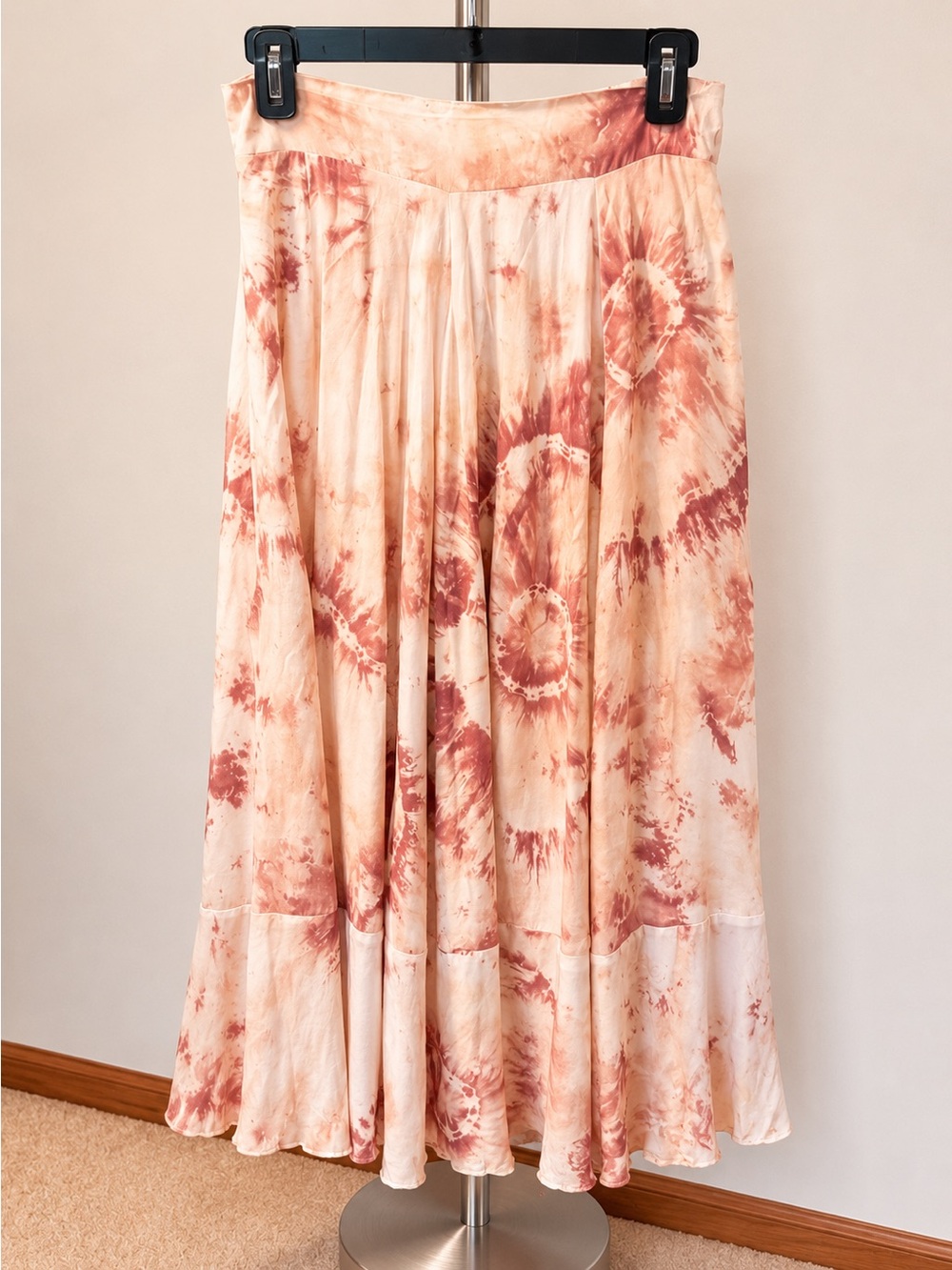 Boho Tie Dye Flowy Midi Skirt Pink Mauve Elastic Waist